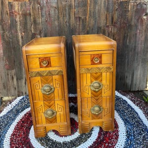 Pair of vintage bedside tables, nightstands, mid-century modern pop art wood.