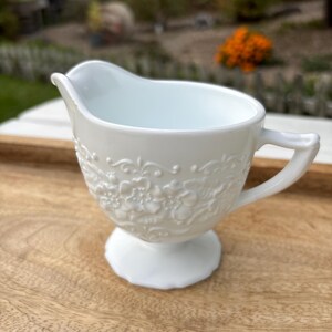 Indiana Glass Co. Vintage Orange Blossom Milk Glass Pedestal Creamer c. 1950&#39;s