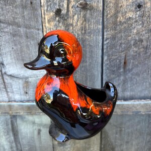 Puede incluir: Una maceta de cerámica con forma de pato y acabado brillante. El pato presenta una vibrante combinación de colores negro y naranja, con el naranja concentrado en la cabeza y el negro en el cuerpo. La maceta tiene un área ahuecada para plantas pequeñas.