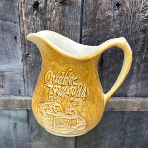 Vintage 1980s Laurentian Pottery Quebec Canada 450th Anniversary 1534-1984 - Ceramic small pitcher - Jacques Cartier Sailboat.