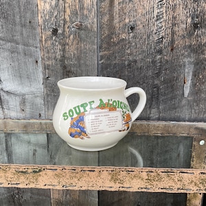 マグカップ、ビンテージ セラミック スープカップ、Lidco 16 オンス オニオン スープ レシピ、シールド ハンドル付き Soupe à l’oignon。
