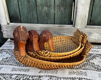Vintage Wicker Duck Basket – Small Two-tone Planter With Wood Bill
