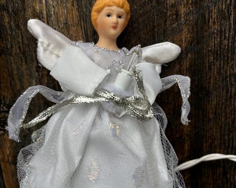 Vintage Small Angel Tree Topper/Only the silver angel remains. & Ornament/Porcelain Girl Angel Lighted Tree Topper Ornament/ Functionnel.