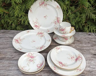 Reserved Item - French Limoges Dinner Set With Pink Flowers
