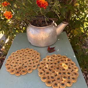 May include: Two round, woven, natural-coloured placemats with a repeating ring pattern. A vintage metal teapot, repurposed as a planter, sits above the placemats. Bright orange and red flowers bloom above the teapot. A single red leaf rests nearby.