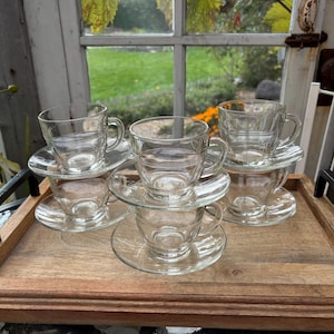 Set of 6 small Duralex France coffee cups and saucer transparent glass / vintage tableware / Holy10 France.