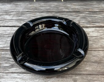 Vintage Amber Glass Ashtray. 6''diameter- Heavy Amber Glass Ashtray - Mid Century Dark Glass Ashtray.
