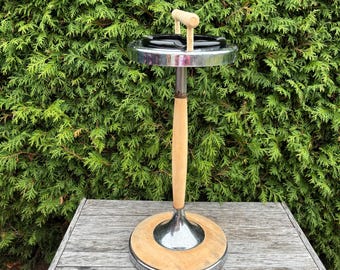 Vintage 70s Standing Ashtray: Iron & Wood Base, Smoked Glass - Etsy