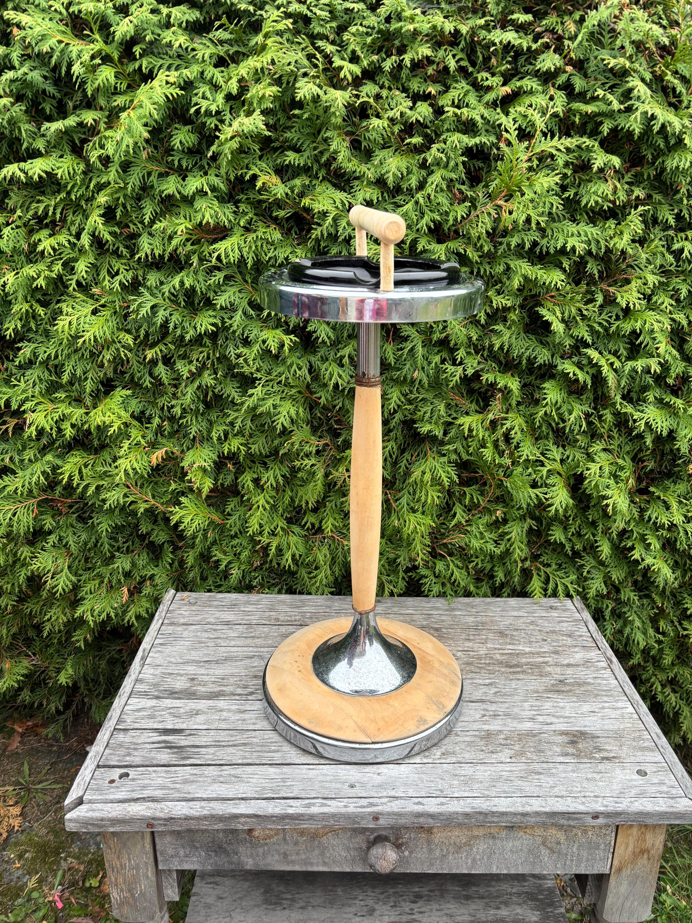 Vintage 70s Standing Ashtray: Iron & Wood Base, Smoked Glass - Etsy