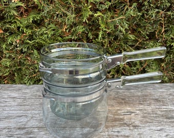 Pyrex Flameware Doppelkessel Vintage Glas Saucen Pfanne. Deckel fehlt.