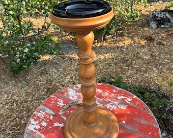 Vintage 70s Standing Ashtray, wooden with Large Brown Smoked Glass Ashtray 8&quot;. 25 inches tall