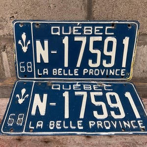 Vintage pair of Quebec license plates 1968.