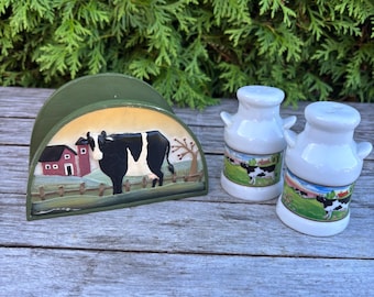 Resin Napkin Holder Cow Farm House Table Decor with vintage Holstein Cow Ceramic Milk Can Salt and Pepper Shakers Set.