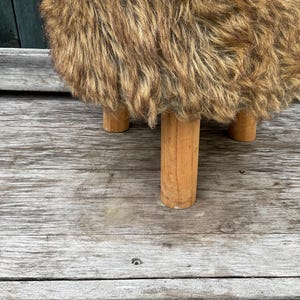 Pu&ograve; includere: Uno sgabello in pelliccia sintetica marrone e nero con quattro gambe in legno.