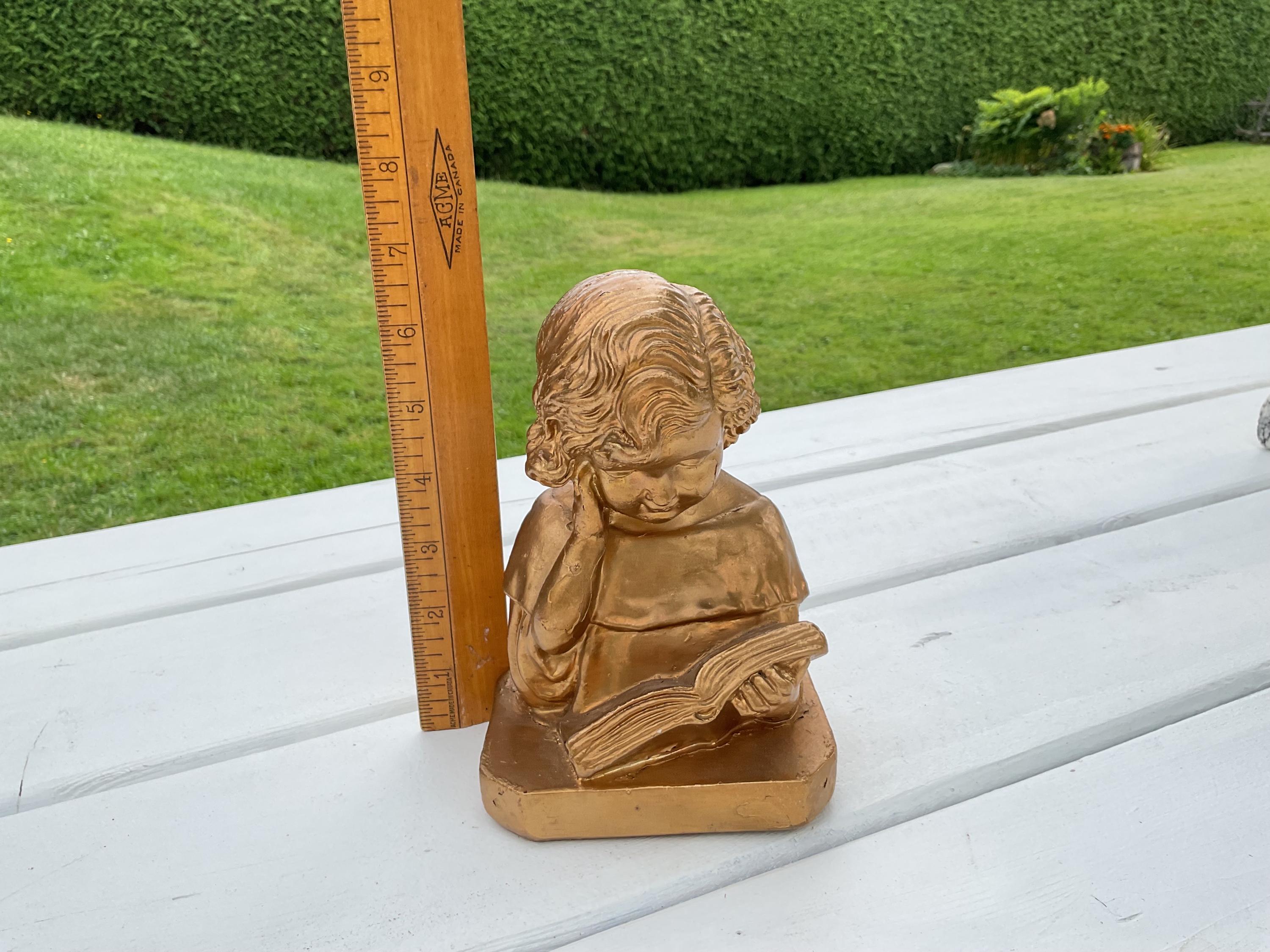 Bust of Girl in Golden Plaster - Child Sculpture Reading -statue