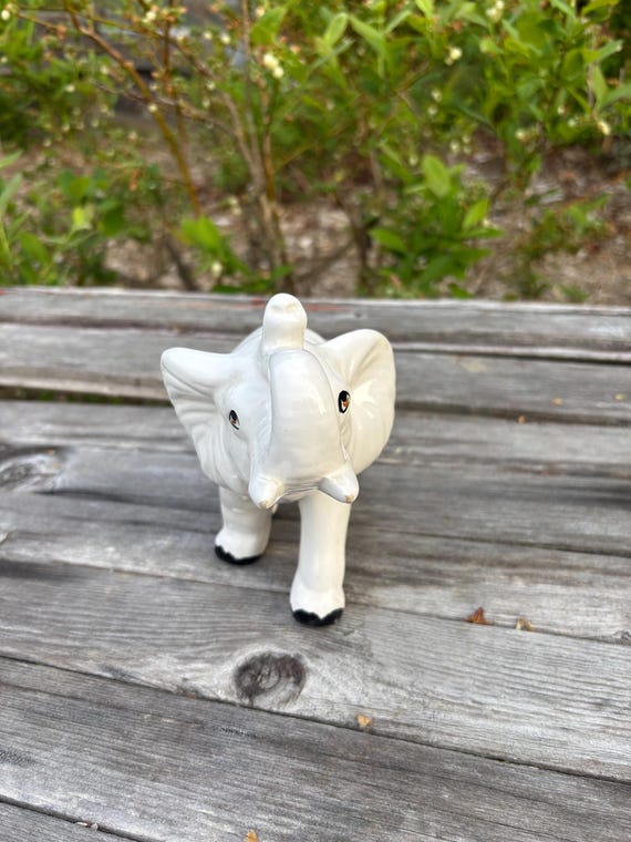 Vintage Ceramic White Elephant With Black Trim. Good Luck. Chipped