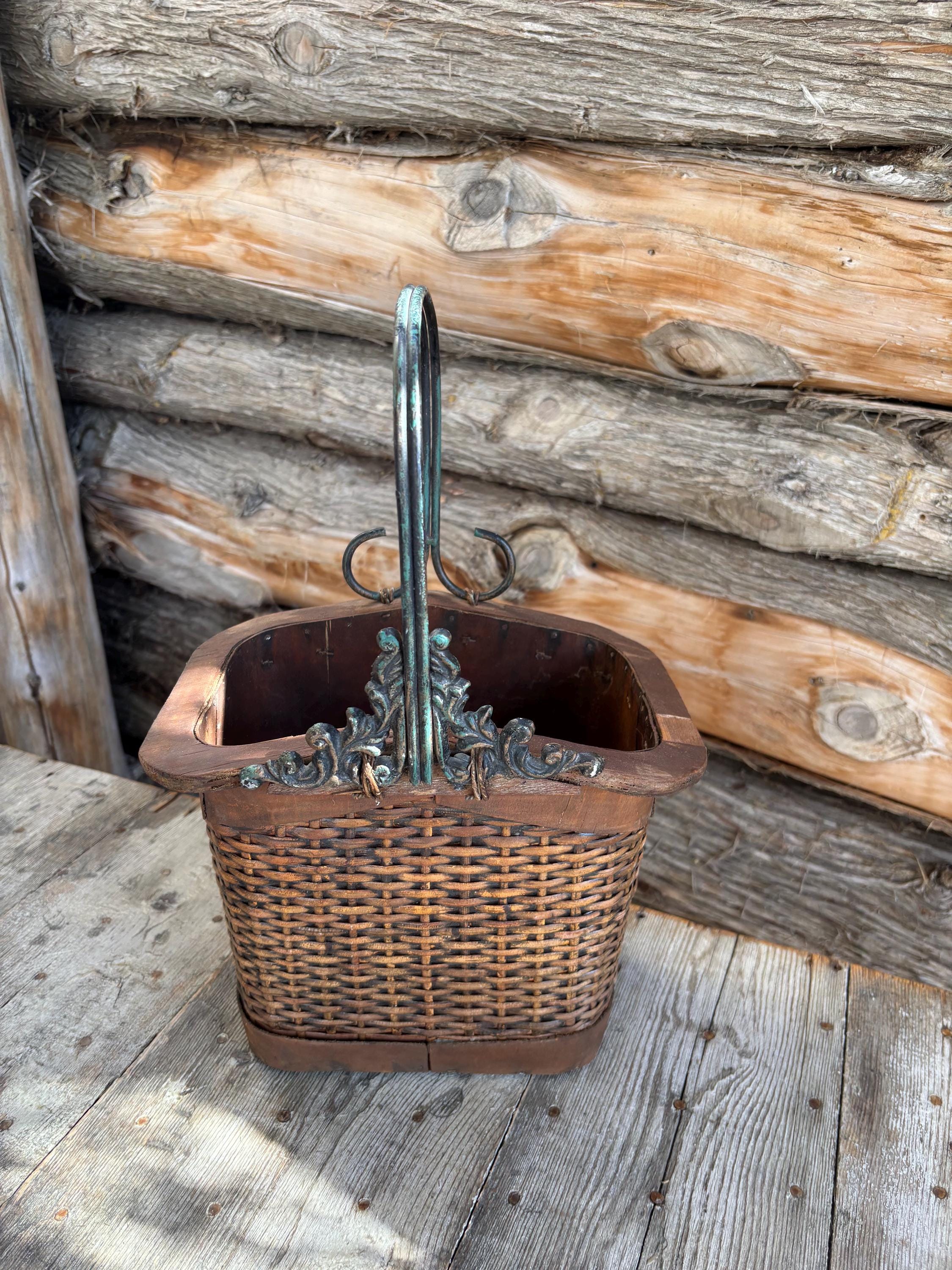 Vintage Wicker and Wood Basket With Wire Handles. - Etsy