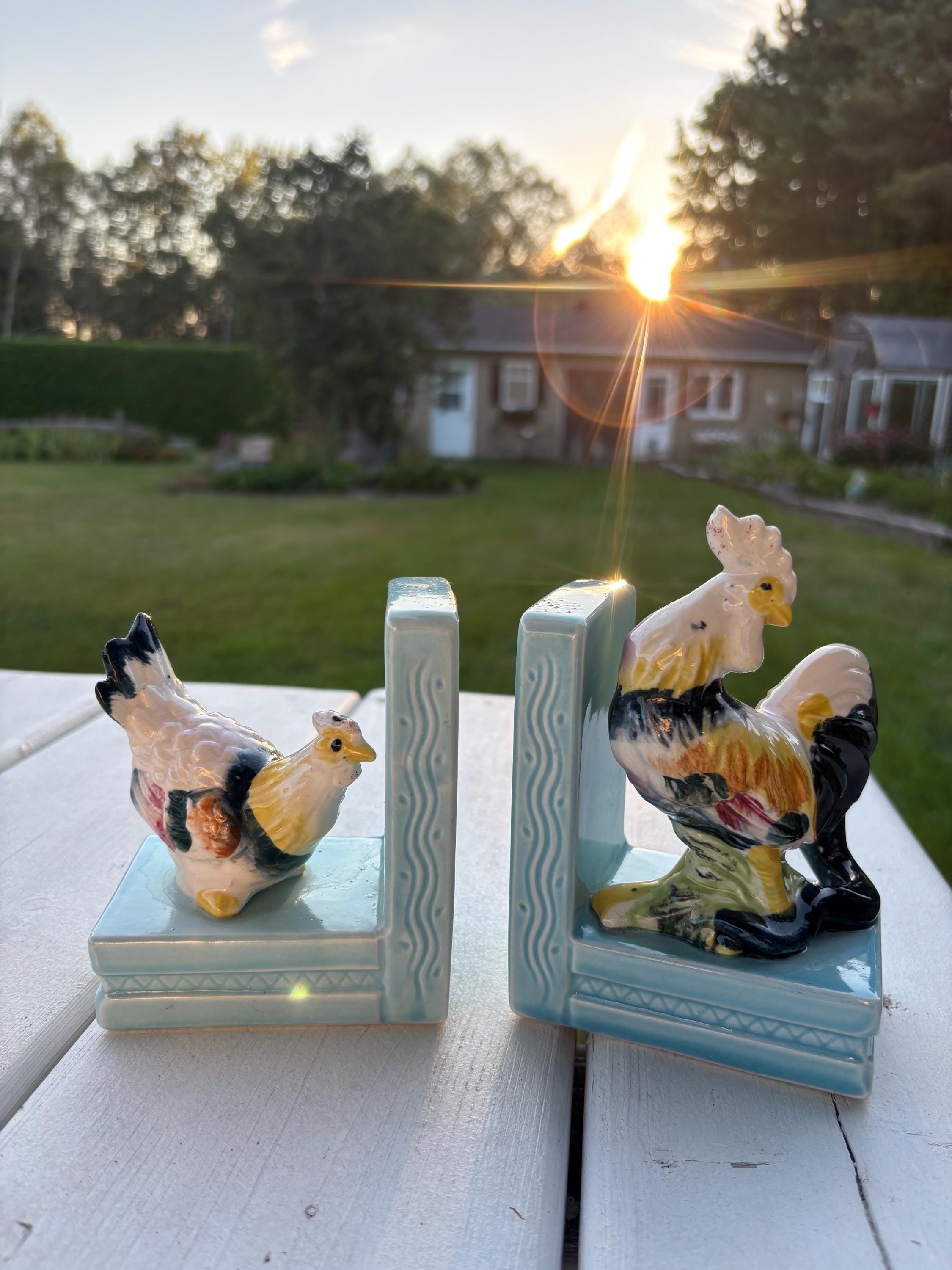 陶器製の雄鶏と雌鶏のブックエンドのペア。 - Etsy 日本