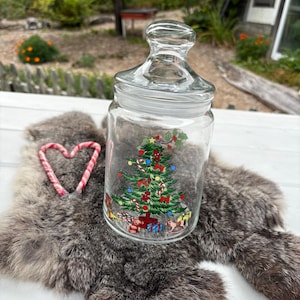 Könnte beinhalten: Ein klares Glasgefäß mit Deckel, das mit einem Weihnachtsbaumdesign mit Zuckerstangen, Kugeln und Geschenken verziert ist. Das Gefäß steht auf einem grauen Fellteppich.