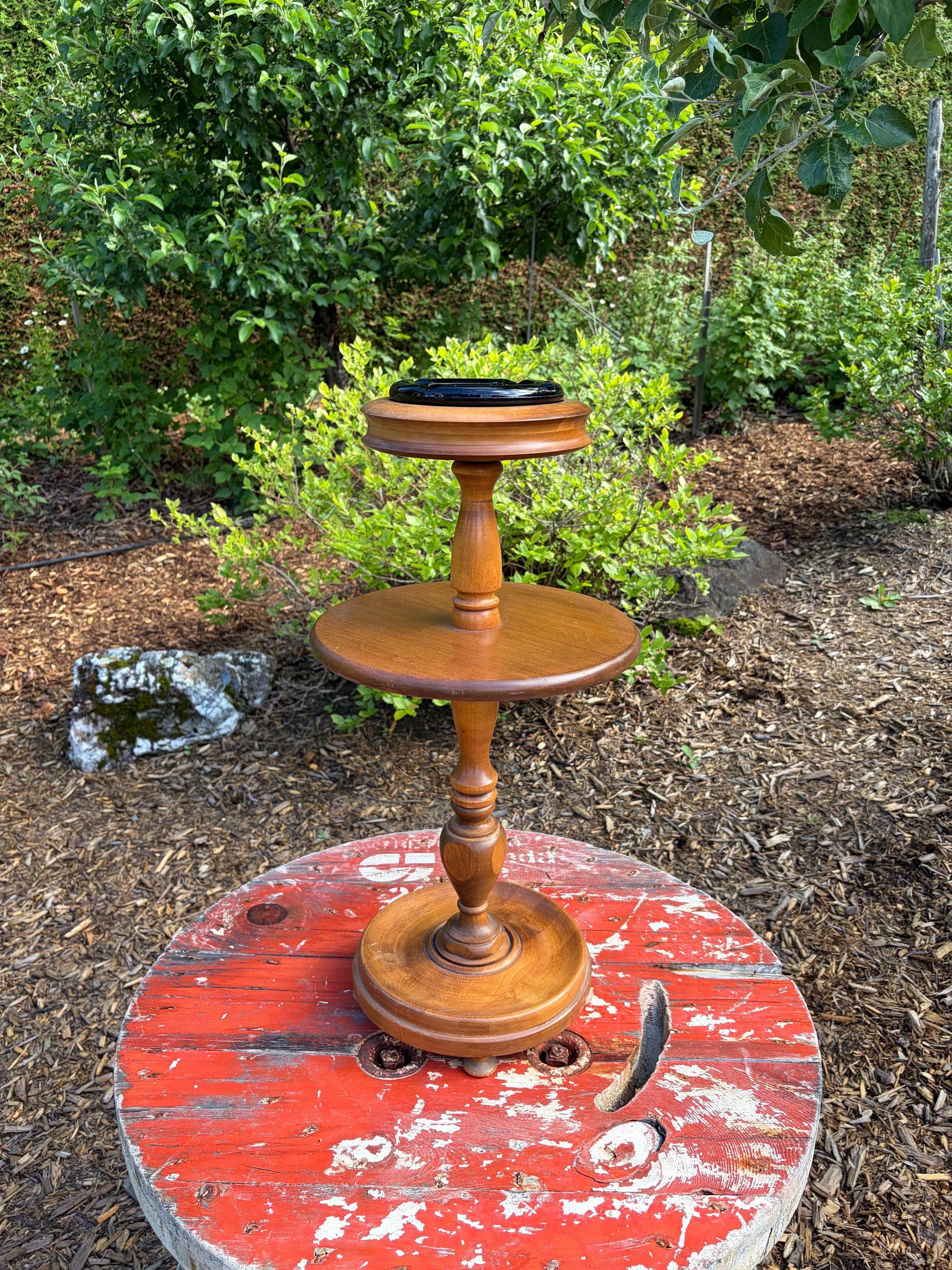 Vintage 70s Standing Ashtray, Wooden With Brown Gasse Smoked