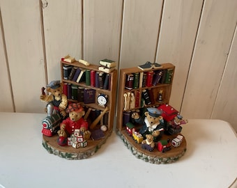 Vintage seltene Harz Teddybär Buchstützen/Bücherhalter 2er Set.
