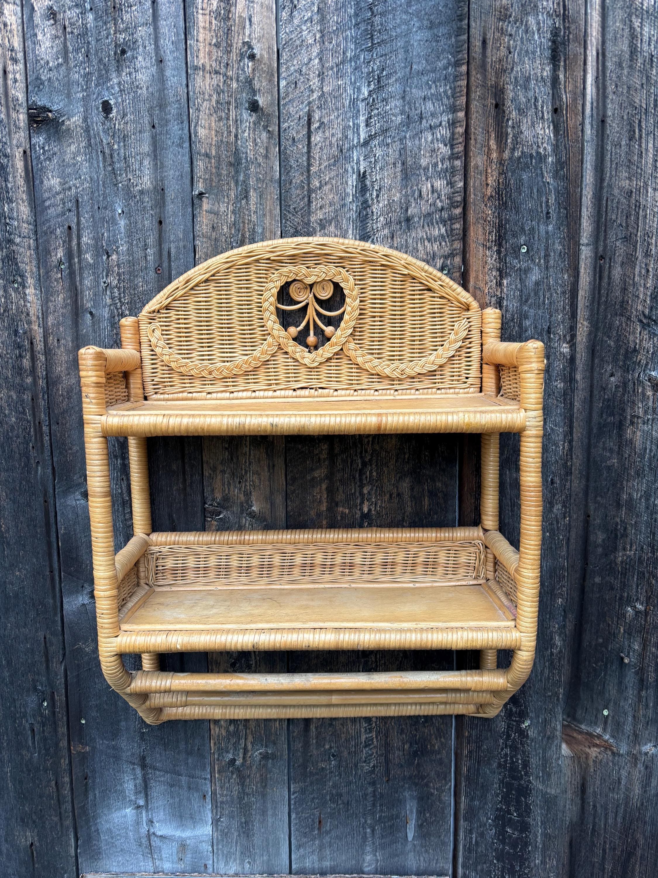 Étagère Murale En Osier Rotin Vintage - 3 Niveaux - Déco Cuisine, Salon Ou Salle De Bain