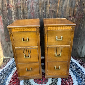 Pair of vintage bedside tables, nightstands, mid-century modern pop aprt wood.