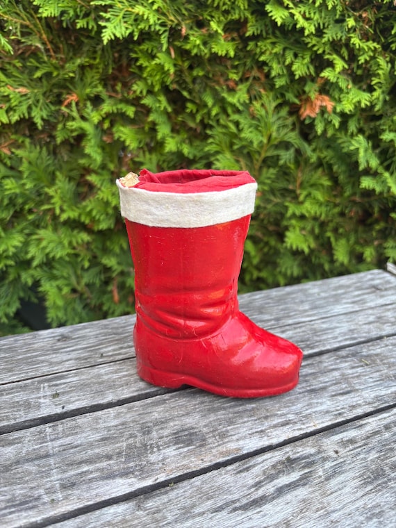Boîte de bonbons en papier mâché de 10,4 cm pour bottes de Noël vintage des années 1950. Fabriqué en Allemagne de l'Ouest.