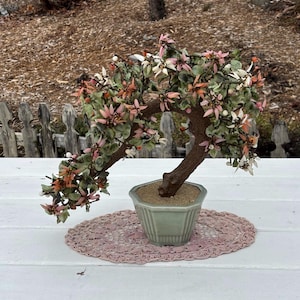 May include: A decorative bonsai tree with a brown trunk and branches, featuring pink, white, and orange flowers and green leaves. The tree is potted in a light green hexagonal pot, resting on a pink lace doily.