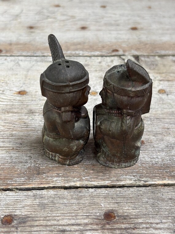Vintage Japan Copper Tone Salt Pepper Shakers Indian Brave Maiden