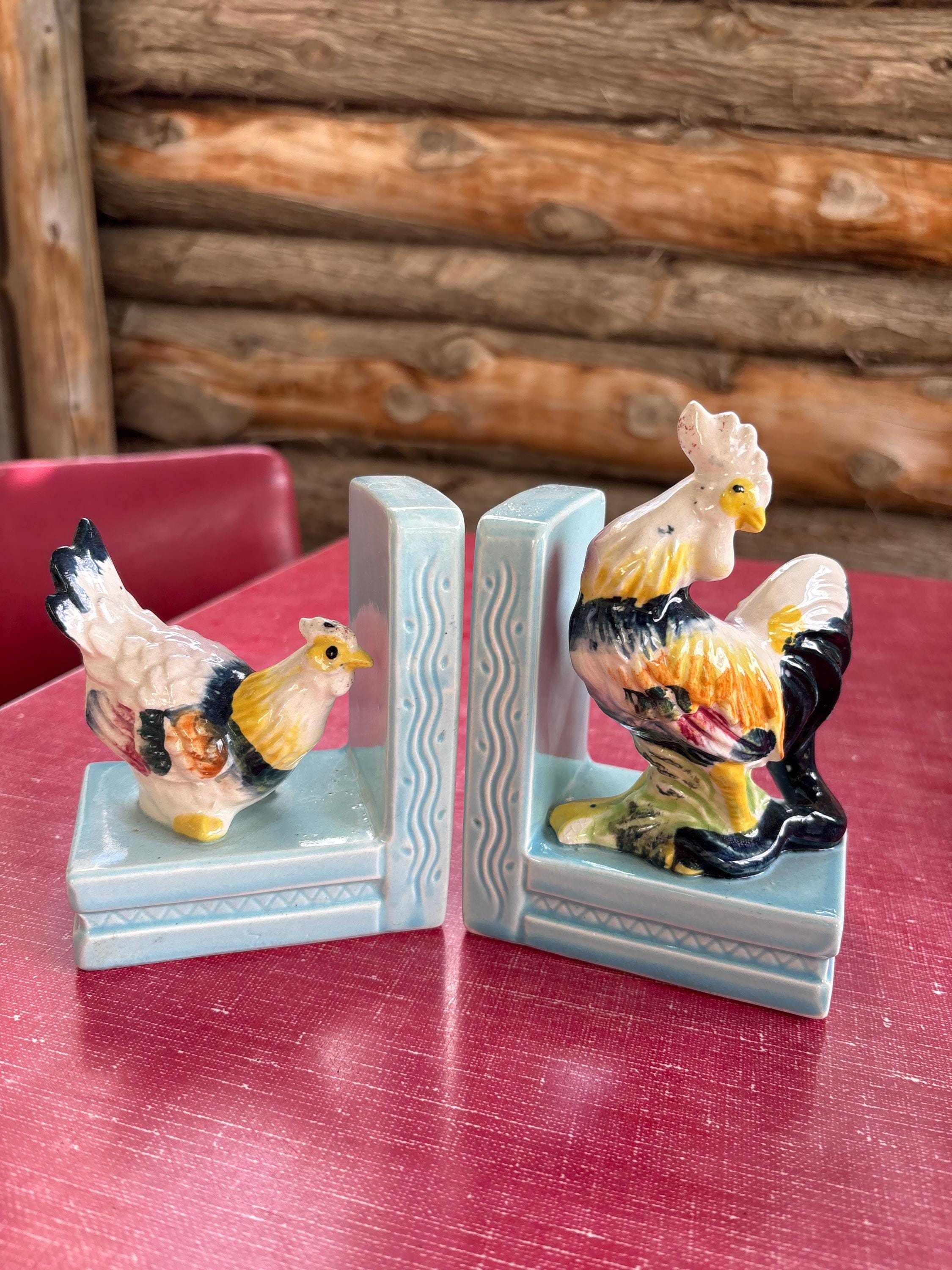 陶器製の雄鶏と雌鶏のブックエンドのペア。 - Etsy 日本