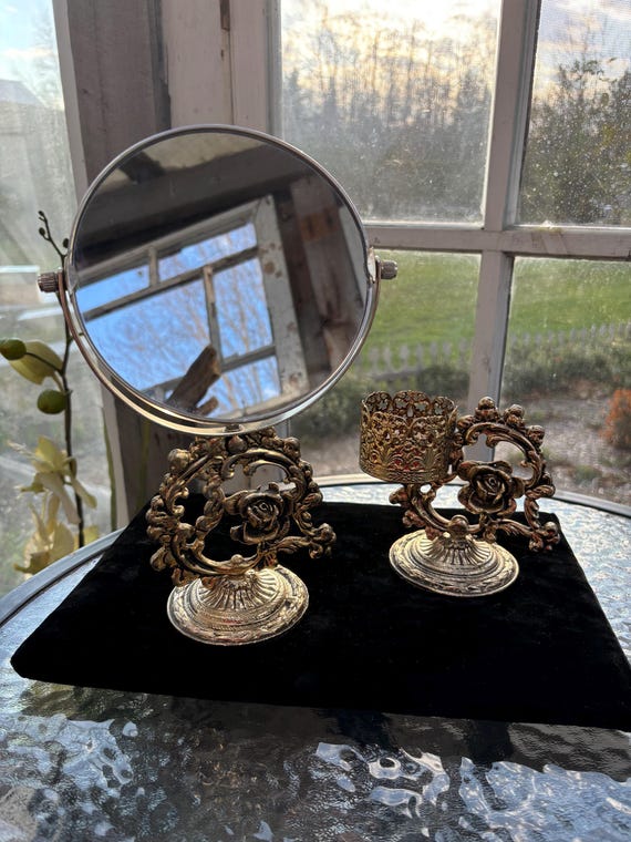 Stylebuilt New York Gold Brass Swivel Dresser Mirror; Brass Filigree Swivel  Mirror for Your Vanity and Vintage Lipstick Tube Holder. - Etsy
