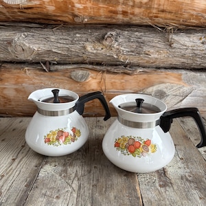 Könnte beinhalten: Zwei weiße Vintage-Teekannen mit schwarzen Griffen und Deckeln. Jede Teekanne hat ein farbenfrohes Blumen- und Fruchtdesign. Die Teekannen stehen auf einer verwitterten Holzoberfläche vor einem rustikalen Blockhintergrund.