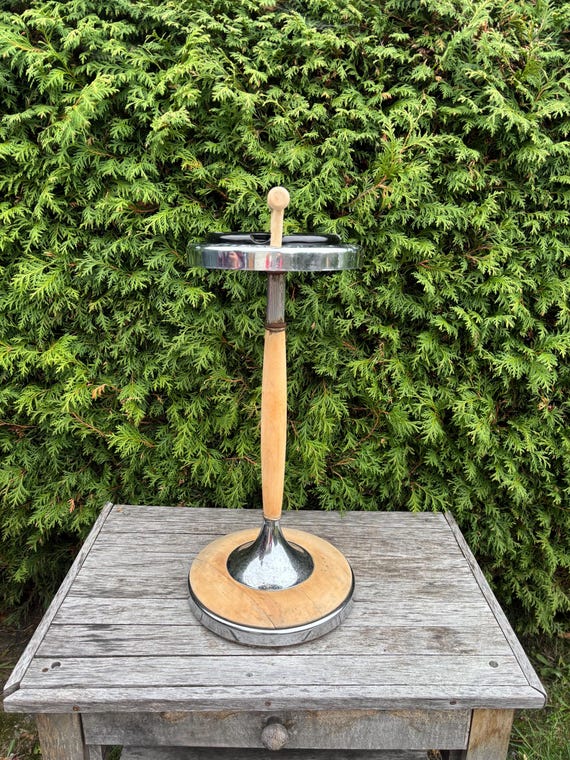 Vintage 70s Standing Ashtray: Iron & Wood Base, Smoked Glass - Etsy