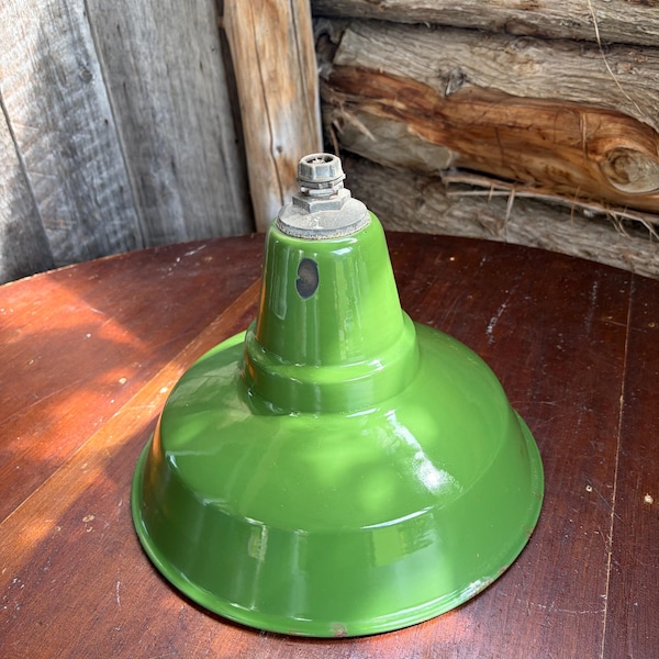 Vintage ABolite Green Porcelain Enamel Barn Light, Industrial Light, Warehouse Light, Factory Light, 12'' diam