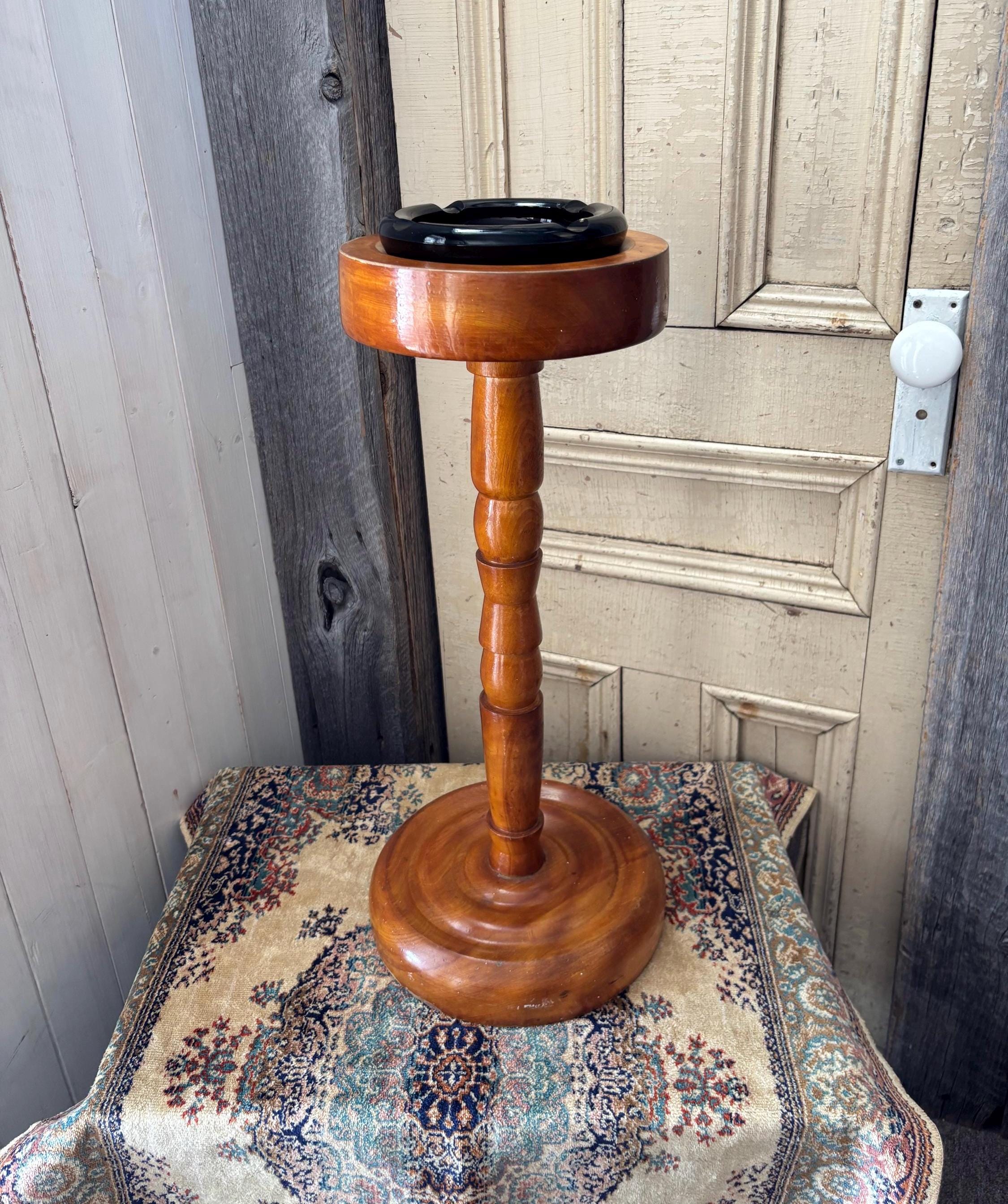 Vintage 70s Standing Ashtray, Wooden With Brown Gasse Smoked
