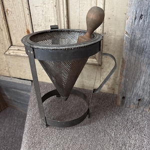 Metal Tripod Sieve with Wooden Pestle and Wooden Handle - Canning Strainer - Vintage Berry Pestle.Rusty.