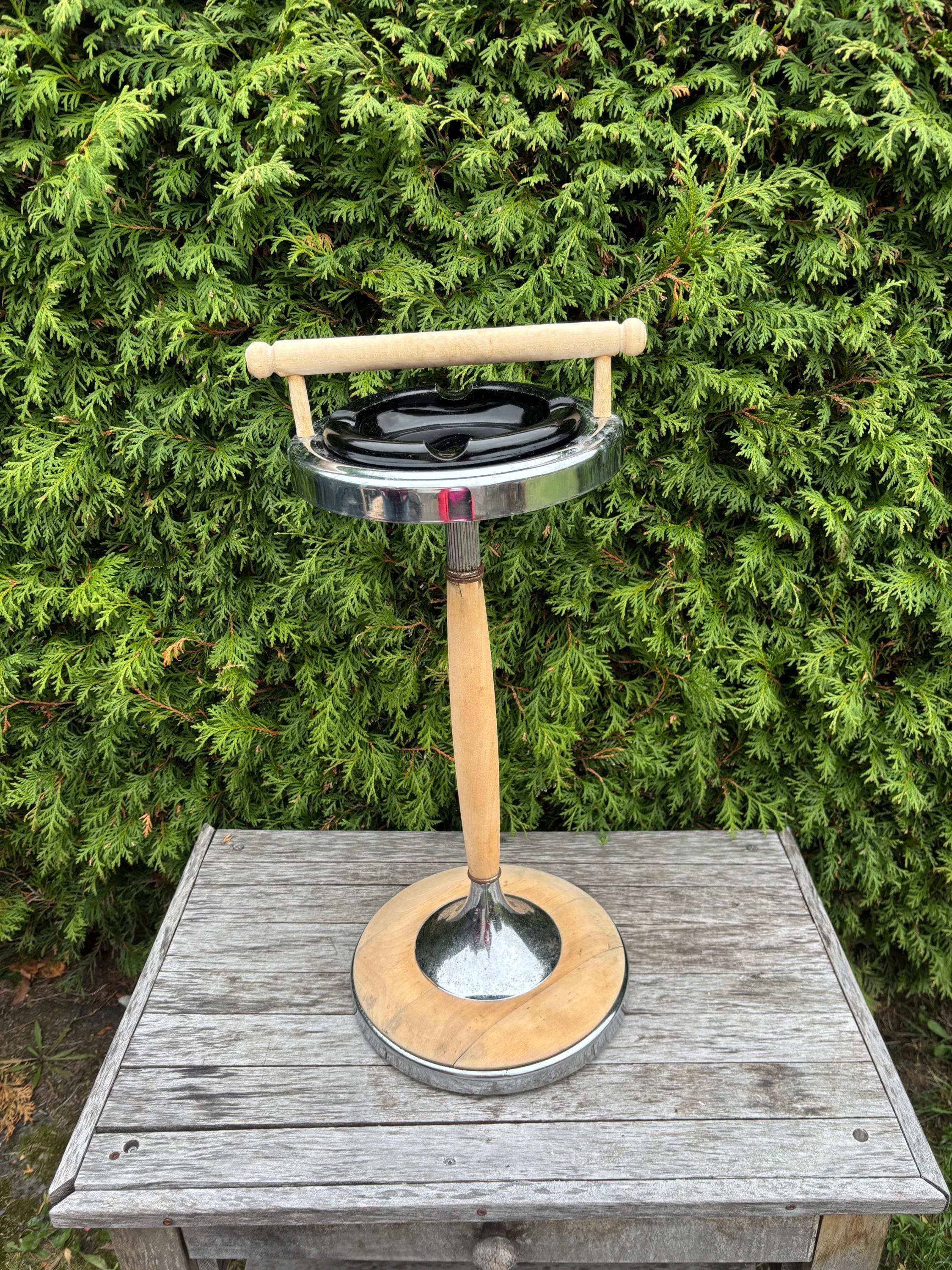 Vintage 70s Standing Ashtray: Iron & Wood Base, Smoked Glass - Etsy