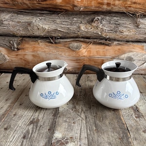 Könnte beinhalten: Zwei weiße Kaffeekannen mit schwarzen Griffen und Deckeln. Jede Kanne hat ein blaues Blumendesign auf der Vorderseite. Die Kannen stehen auf einer verwitterten Holzoberfläche, mit einem Blockhütten-Hintergrund.