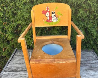 Vintage 1950's Potty Chair Wooden Potty Toilet Training Seat Folding Storage.