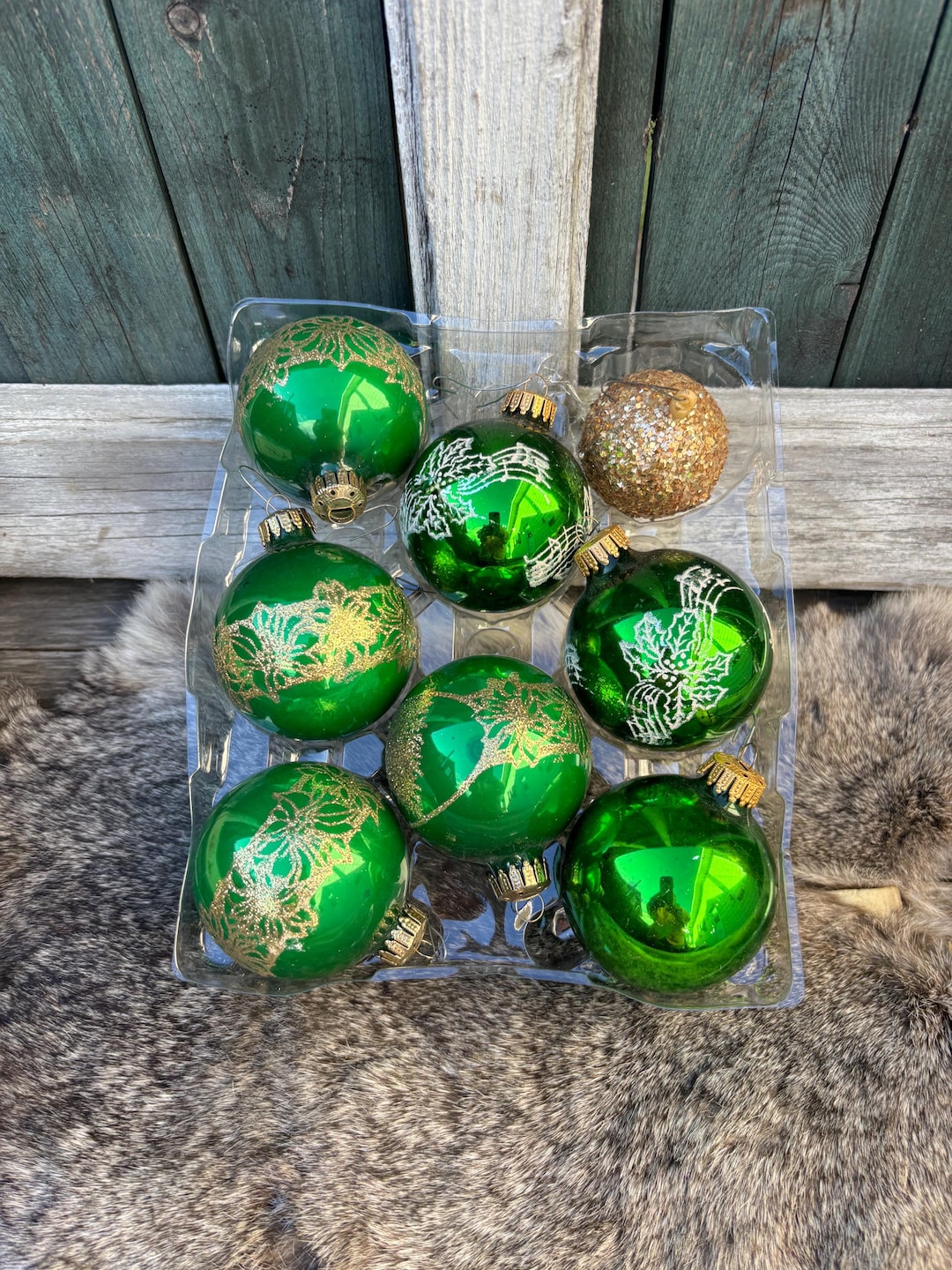Eight Glass USA Made Krebs Christmas Tree Ornaments in Box. Some