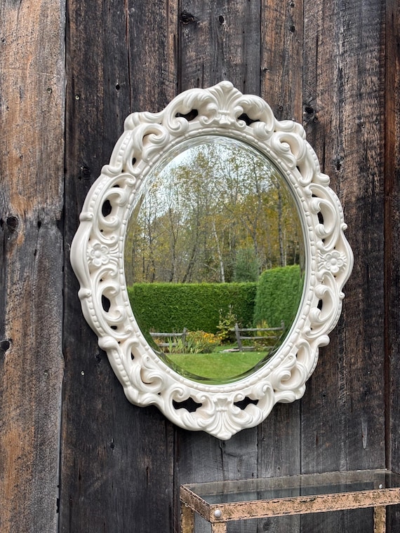 White Glossy Oval Wall Mirror 28''1/2 X 24'' Antique Baroque Style