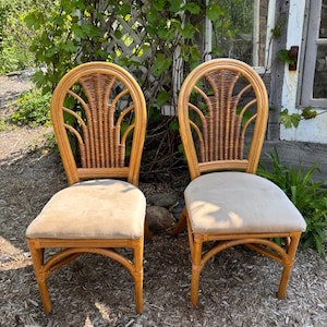 2 Vintage Rattan Bohemian Dining Chair, Wicker and fabric Seat, Boho Bamboo Living Room Furniture.