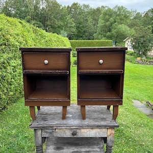 Pair of vintage bedside tables, nightstands, mid-century modern pop art wood.
