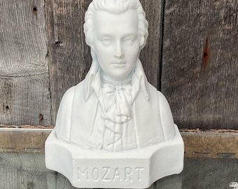 Vintage composer Bust Figurine Mozart piano statue 4.75". White Mozart bust. Vintage bisque Mozart statue. 1990s decor.
