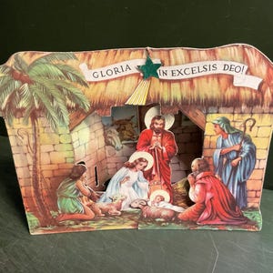 Belén plegable de cartón, década de 1940, en perfecto estado, 51/2 x 5 x 1 '' Jesús en el pesebre.