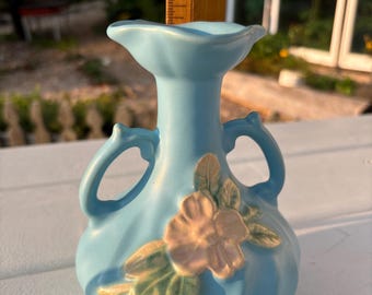 Weller Pottery Green Pink Flower Double Handled Collectible