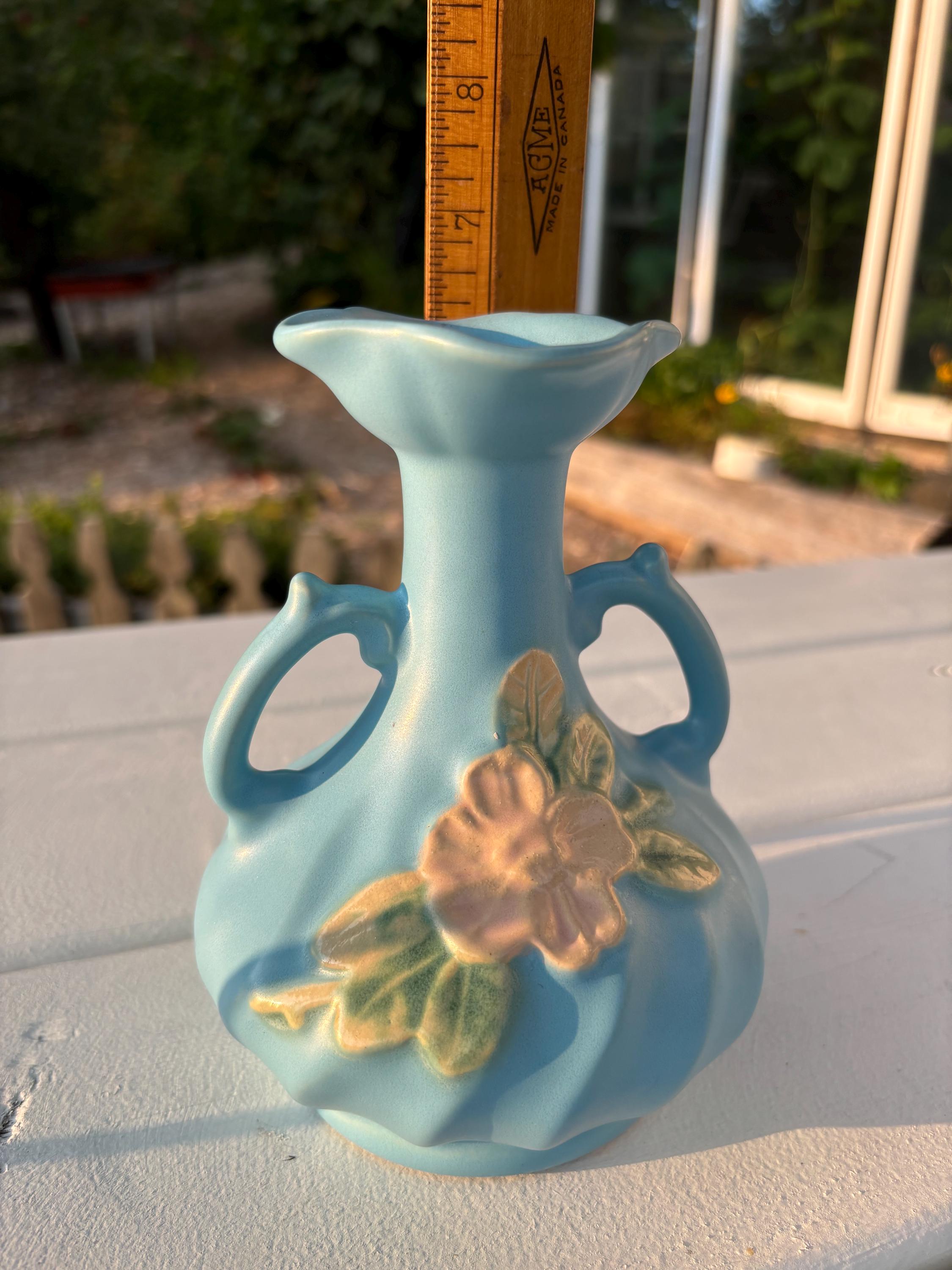 Weller Pottery Green Pink Flower Double Handled Collectible