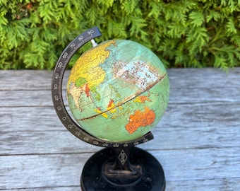 Small Vintage World Globe, Children&#39;s Litho Globe, Half Meridian and Metal Base, Made in England, Topography, Collectible. 7.5&quot; High