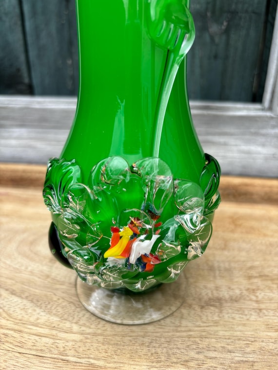 Vintage Murano Art Glass Green White Multi Color Flower